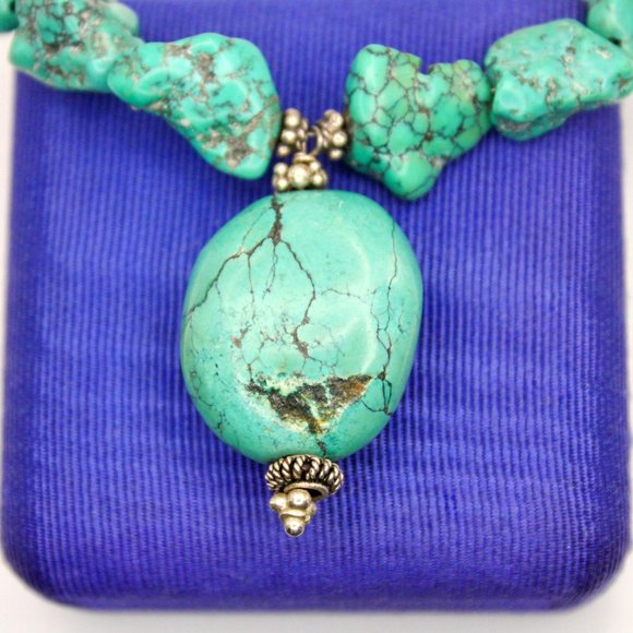 Turquoise Pendant Chunky Nugget Beaded Vintage Necklace Silver Clasp Findings - Picture 1 of 14